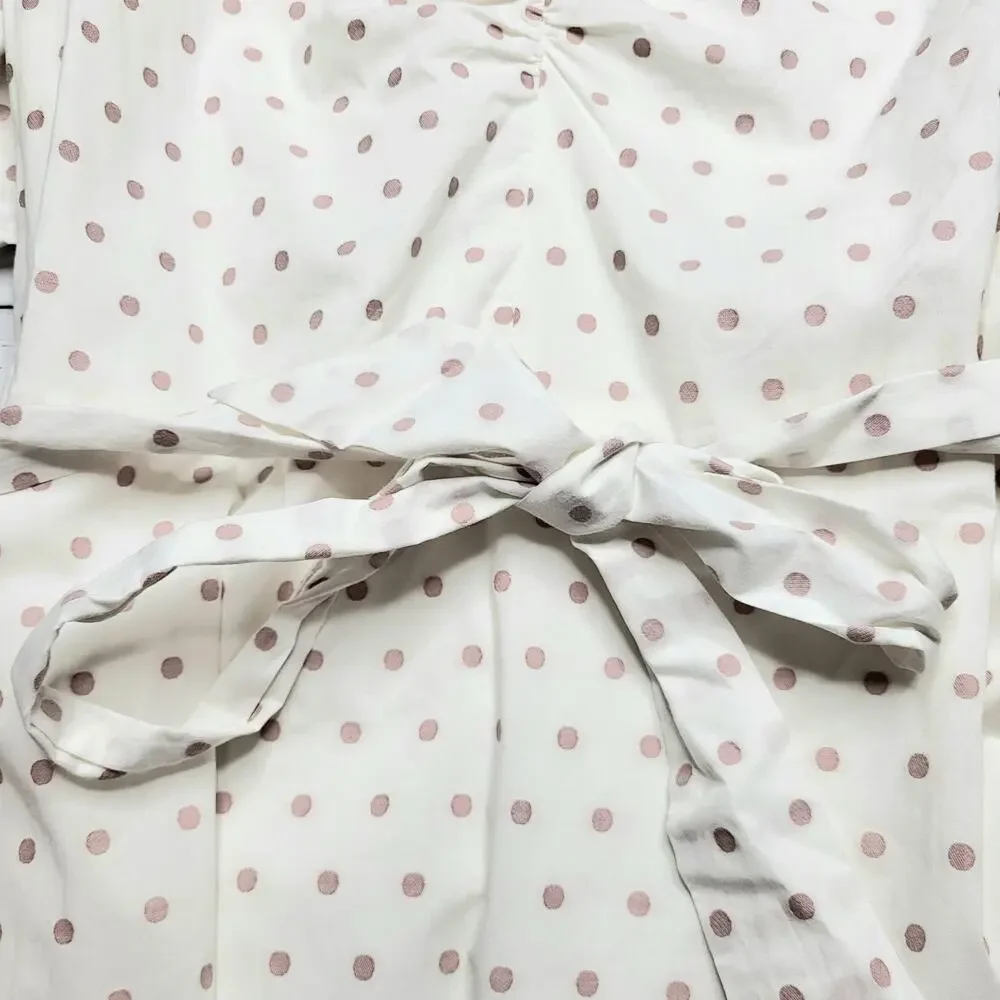 Kate Spade Puff Sleeve Polka Dot Mini Dress V Neck White Pink Tie Cotton Large